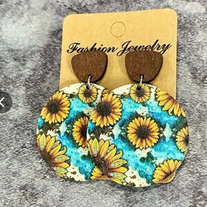 3For$20 Sunflower Splash Boho Floral Wooden Style Statement Earrings